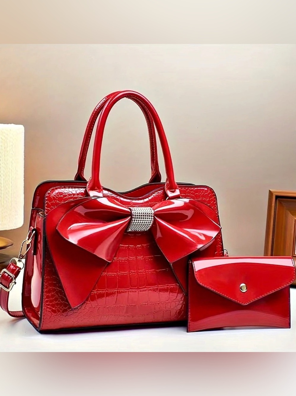 Red Bow Crossbody Handbag Purse Faux Leather Like New